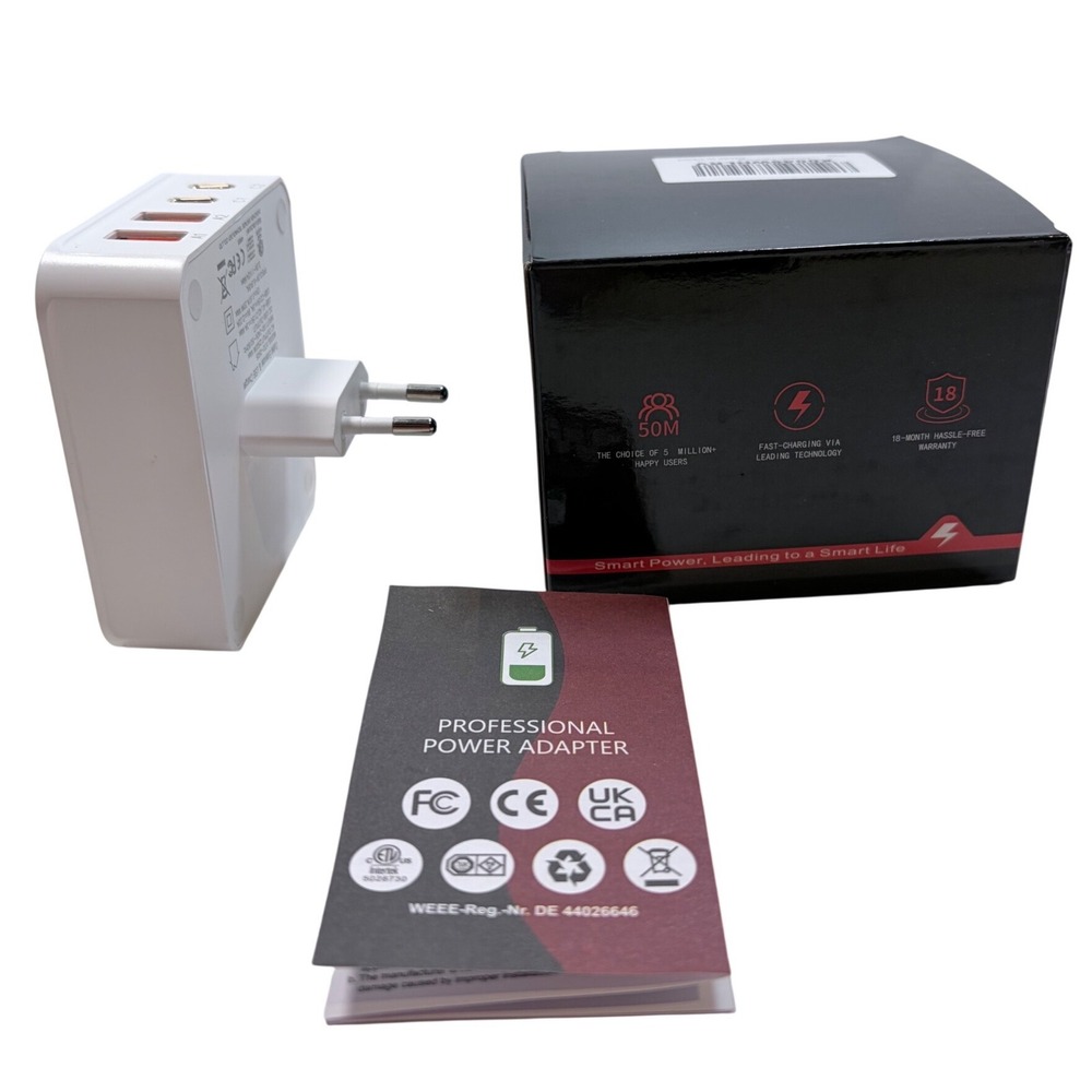 VPSUN European Travel Plug Adapter White USB-C PD 20W 2 AC Outlets 3 USB-A Ports